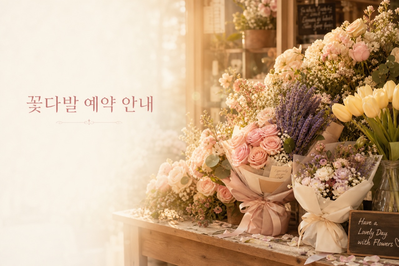 AI가 생성한 꽃집 꽃다발 예약 안내 배너 — 파스텔 톤 무보정 원본